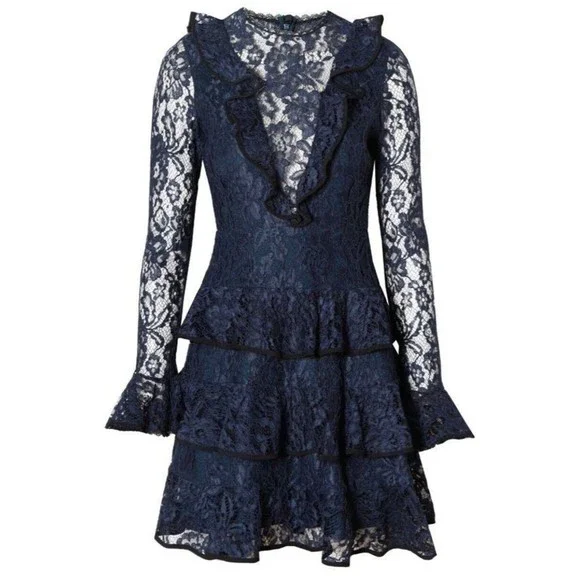 Alexis Tracie Long Sleeve Tiered Ruffled Lace Mini Dress In Navy Size S